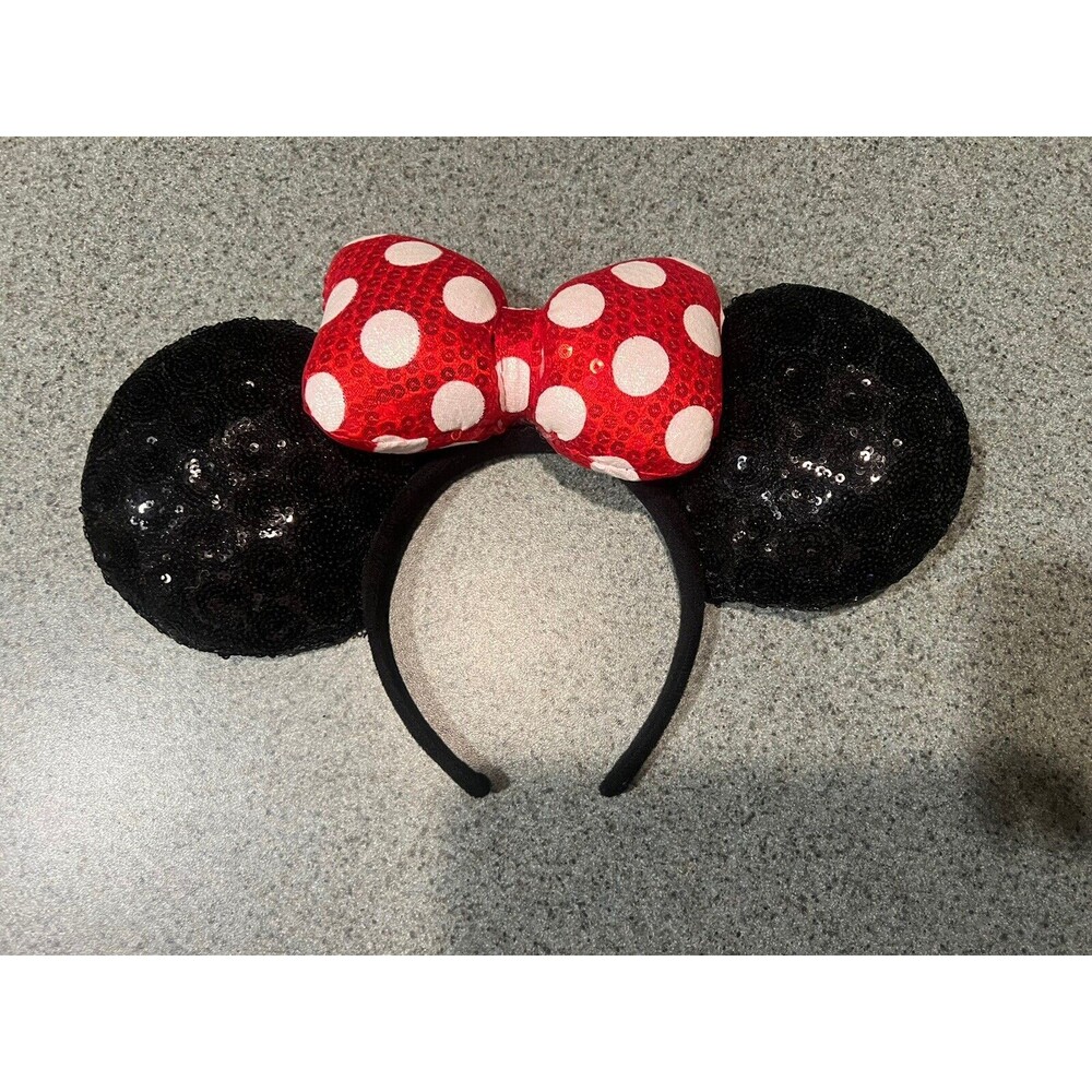 Disney Ears Sequin Minnie Mouse Red and White Polka Dot Bow w Black Sequin Child